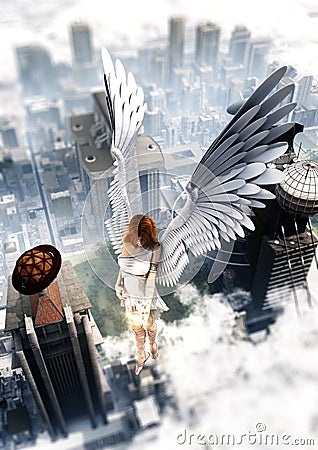 Guardian Angel Over The City Cartoon Illustration