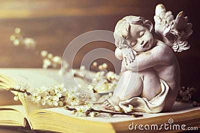 Guardian angel and spring branches on the book Stock Photo