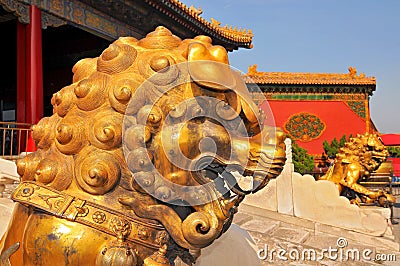 Guardian Lions in front of The Three Great Halls Palace. Forbidden City, Beijing. China Stock Photo