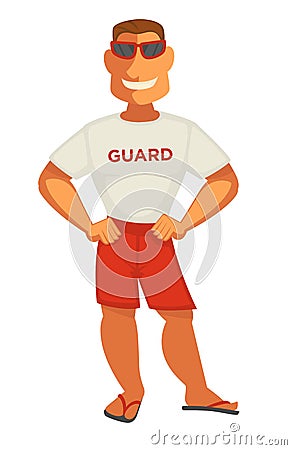 Guardian man in white t-shirt and shorts. Smiling athletic security Vector Illustration