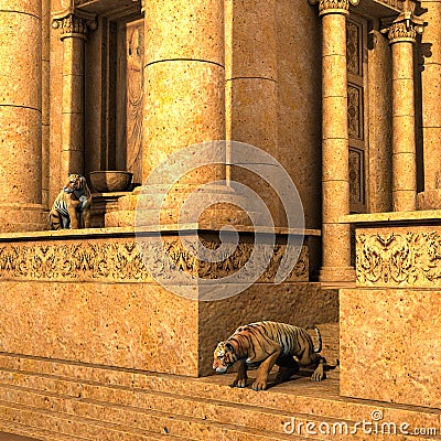 Guardian Tigers of an ancient fantasy temple Stock Photo