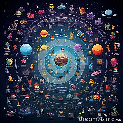 Guardians of the Cosmos: Planets and Stars Protecting the Universe Cartoon Illustration