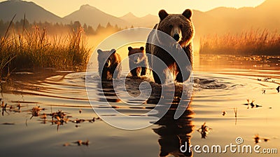 Guardians of the Mist: Mother Bear and Cubs in a Picturesque Landscape Stock Photo