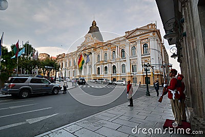 Guards in front of the Presidential Palace. Plaza Murillo. La Paz. Bolivia Editorial Stock Photo