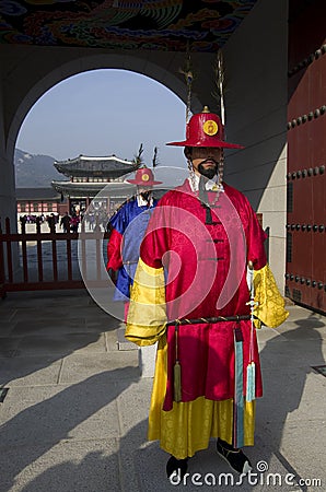Guards and Gyeongbokgung Palace Editorial Stock Photo