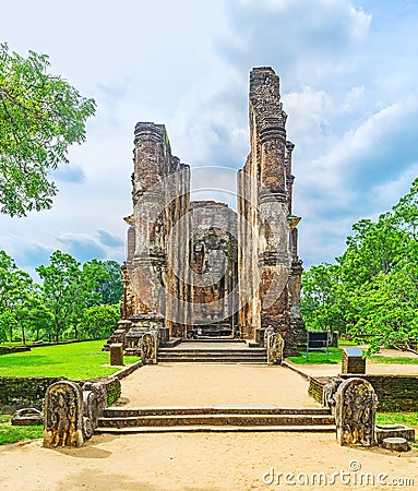 The guardstones at Lankathilaka Temple Stock Photo
