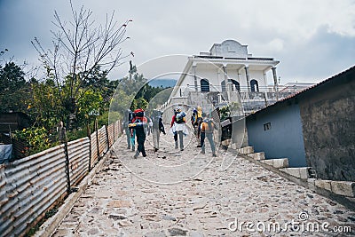 GUATEMALA - January 08: Group of hikers begin the walk to ascend the Acatenango Volcano on a cloudy day, January 08, 2017 near Editorial Stock Photo