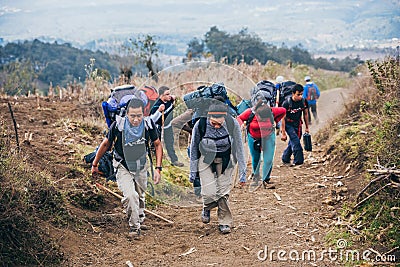 GUATEMALA - January 08: Group of hikers getting tired as they ascend the Acatenango Volcano, January 08, 2017 near Antigua, Editorial Stock Photo