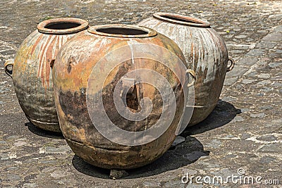 Ancient stone jars at Finca La Azotea, La Antigua, Guatemala Editorial Stock Photo
