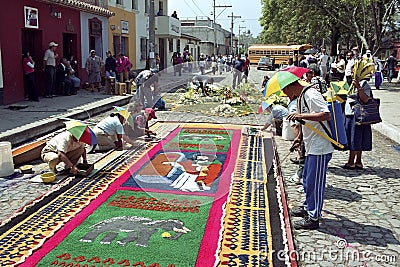Guatemalans lay street carpet for Easter procession Editorial Stock Photo
