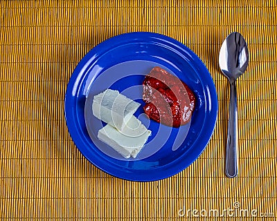 Guava paste with cheese, aka Goiabada com queijo minas frecal, in top view. Typical dessert from Minas Gerais / Brazil sweet pasty Stock Photo