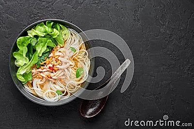 Guay Tiew Gai Cheek or Thai Chicken Noodle Soup in black bowl on dark slate backdrop. Thai food Stock Photo