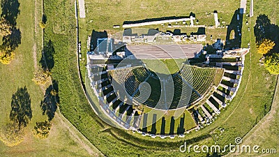 Gubbio, Italy. Drone aerial view of the ruins of the Roman theater Stock Photo