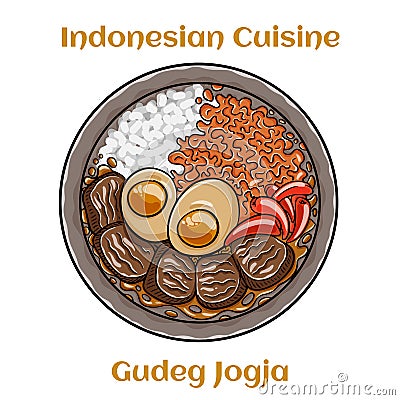 Gudeg jogja with egg, with different types of meat and vegetables. Indonesian traditional food Vector Illustration