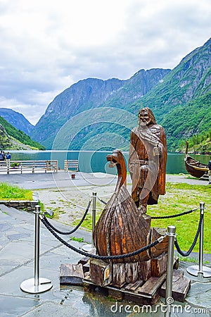 Wooden Viking Statue in Gudvangen. Norway Editorial Stock Photo