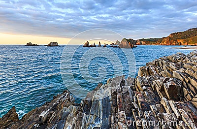 Gueirua beach at evening. Asturias, Spain. Stock Photo