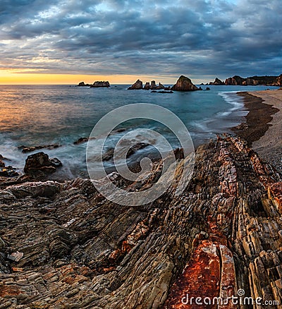 Gueirua beach at sunset, Asturias, Spain. Stock Photo