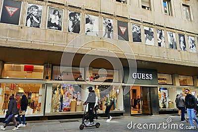 Guess casual fashion brand retail store exterior view Editorial Stock Photo