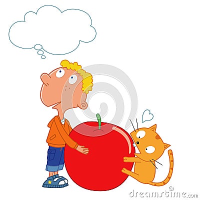 Guess what, boy and a cute cat, red apple Vector Illustration