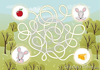 Guess what the mouse loves. Puzzle maze for kids. Help the character find the way. Educational game for kindergarten and Stock Photo
