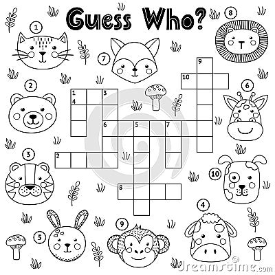 Guess who black and white crossword for kids Vector Illustration