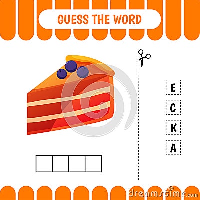 Guess the word educational learning game for preschool kids. Cake. Vector Illustration