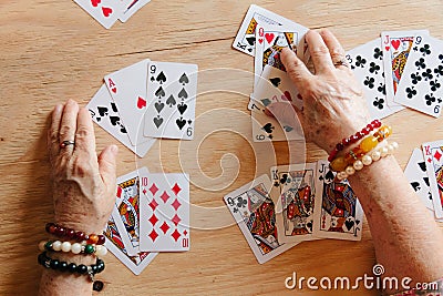 Guessing cards reading, grandma magic, fortune telling, women hands, destiny prediction Stock Photo