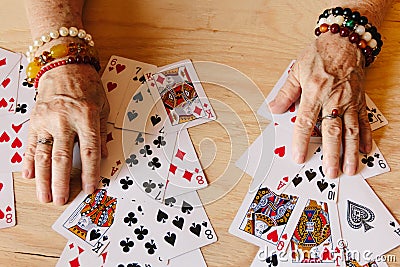 Guessing cards reading, grandma magic, fortune telling, women hands, destiny prediction Stock Photo