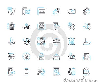 Guest relations linear icons set. Interaction, Experience, Engagement, Hospitality, Feedback, Communication, Welcoming Vector Illustration