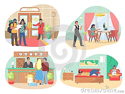 Guests and clients, staff professional service in hotel scene set Vector Illustration