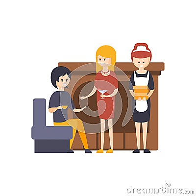 Guests Drinking Cocktails Next To Fireplace At The Lobby With Maid Standing Beside Hotel Themed Primitive Cartoon Vector Illustration