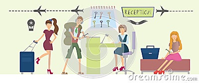 Guests of the hotel and the girl behind the counter at the reception. Hotel or hostel lobby interior. Vector Vector Illustration