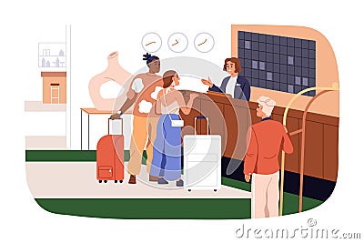 Guests at hotel reception desk. Couple checking in at counter. People tourists with luggage arrived to lobby, talking to Vector Illustration
