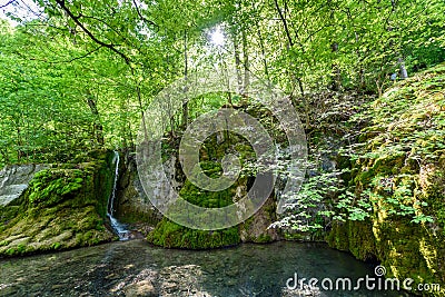 Guetersteiner Waterfall of Bad Urach, Swabian Alb, Baden-Wuerttemberg, Germany, Europe Stock Photo