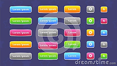 GUI Kit casual Assets for a game mobile phone. Set of buttons with different colors and shapes for game and app design Vector Illustration