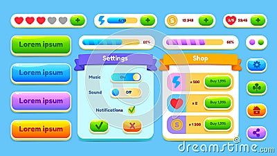 GUI Kit casual Assets for a game mobile phone, a set of elements for the game interface - vector UI objects. Vector Illustration