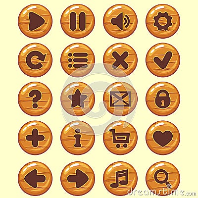 GUI wooden round buttons set. Game menu icons Vector Illustration