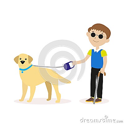 Guide-dog. Blind boy with guide dog. Disability blind person concept. Flat character isolated on white background Vector Illustration