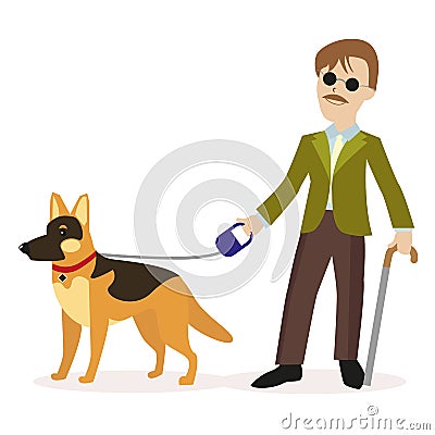 Guide-dog. Blind man with guide dog. Disability blind person concept. Flat character isolated on white background Vector Illustration