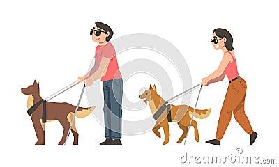 Guide Dog with Blind Man and Woman as Trained Assistance Pet and Seeing Eye Vector Set Vector Illustration