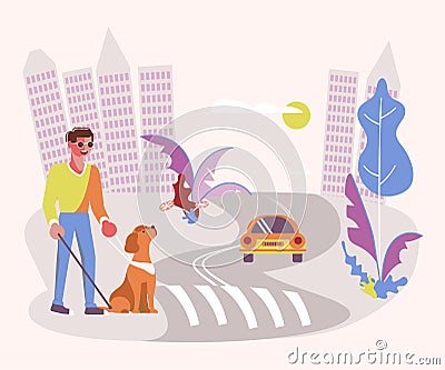 Guide dog helping blind man Vector Illustration