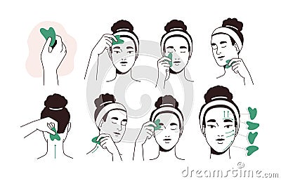 Guide for face lifting massage with facial tool. Instruction of beauty procedure with jade stone gua sha. Woman Vector Illustration