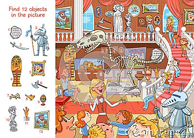 Guide gives children a tour of Natural History Museum. Find 12 objects in the picture Vector Illustration