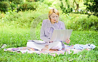 Guide starting freelance career. Business lady freelance work outdoors. Steps to start freelance business. Woman with Stock Photo