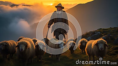 Guided by Twilight: A Shepherd's Journey Stock Photo
