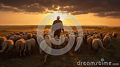 Guided by Twilight: A Shepherd's Journey Stock Photo