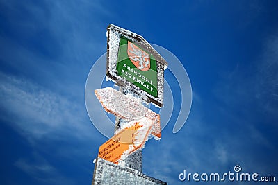 Guidepost with signboard - Prirodni rezervace translation from Czech: Nature reserve, Czech Republic, Czechia Stock Photo