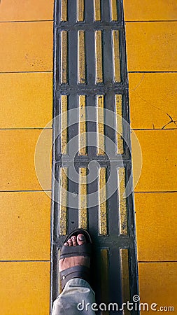 Guiding Block, Yellow Line Directions for the Blind. walking on yellow blocks Stock Photo
