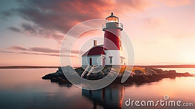 Guiding Light: A Majestic Red and White Lighthouse Illuminated by the Setting Sun Stock Photo
