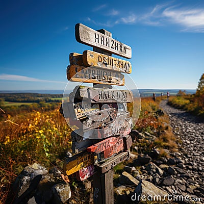 Guiding Light of Possibilities: Colorful Signpost Illuminating Diverse Destinations Stock Photo